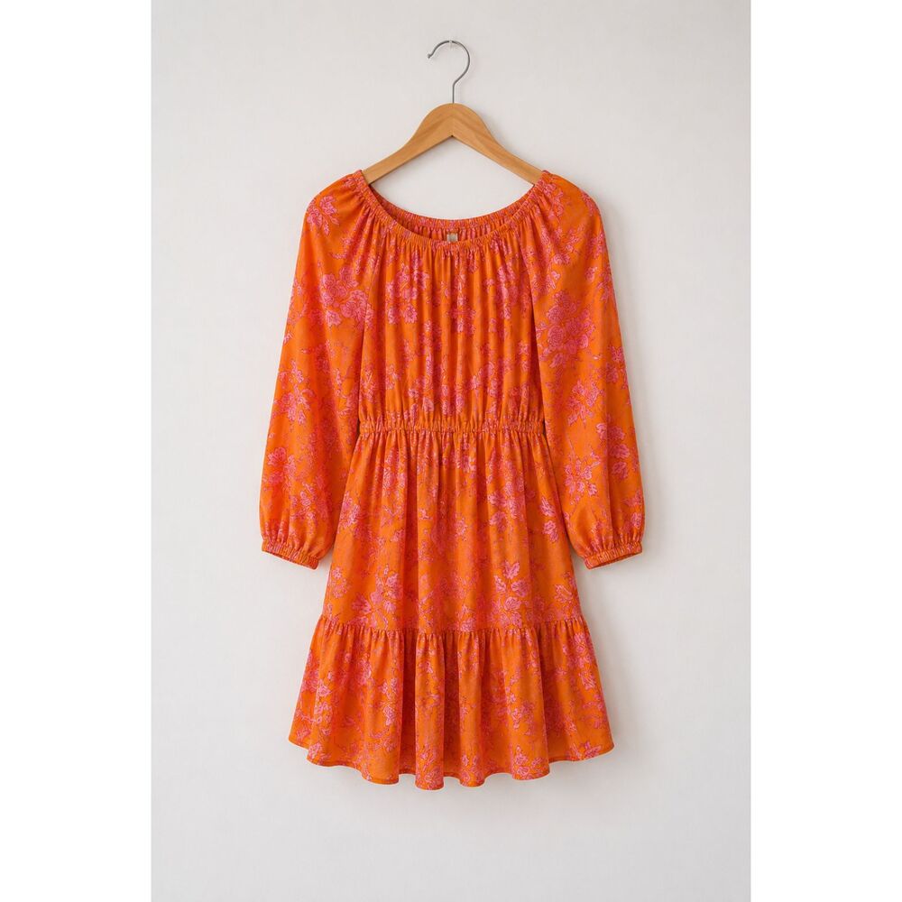 J.Crew Factory Orange Floral Mini Dress Size 6 Boho Flowy 3/4 Sleeve